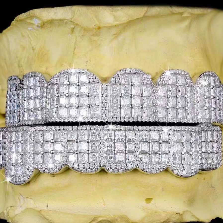 Prong set princess cut moissanite grillz closeup
