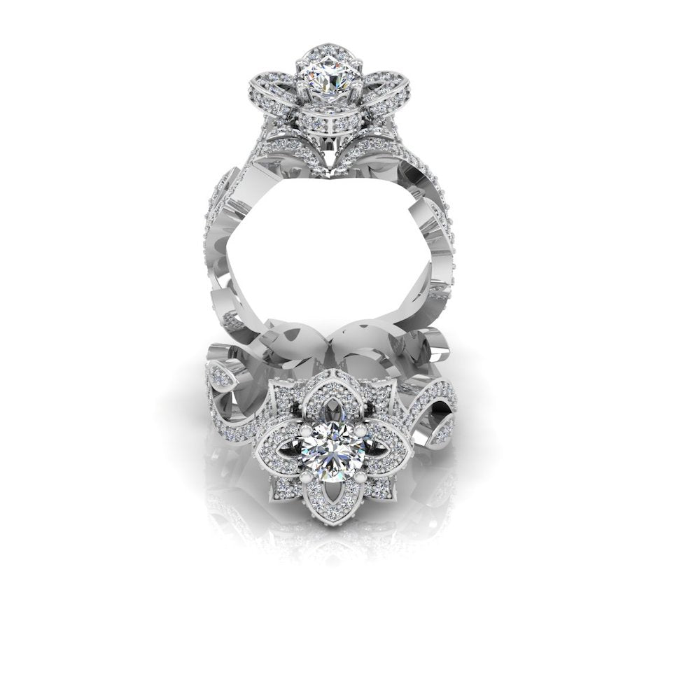 Round Floral Antique Moissanite Engagement Ring set