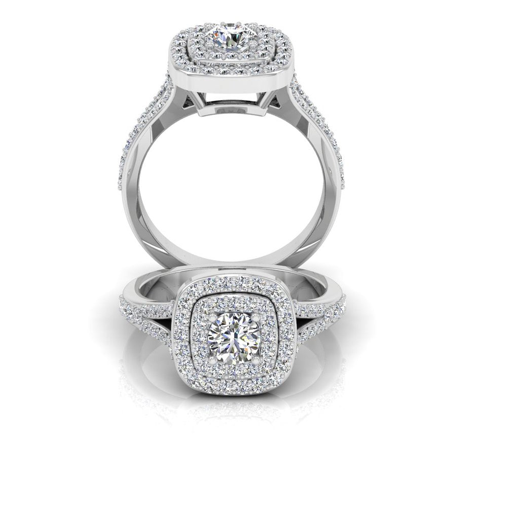 Round Split Shank Double Halo Moissanite Engagement Ring set