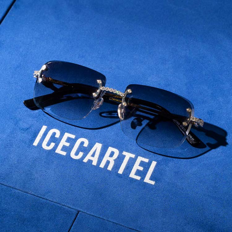 side Navy & Clear mens moissanite diamond square sunglasses 14k white gold