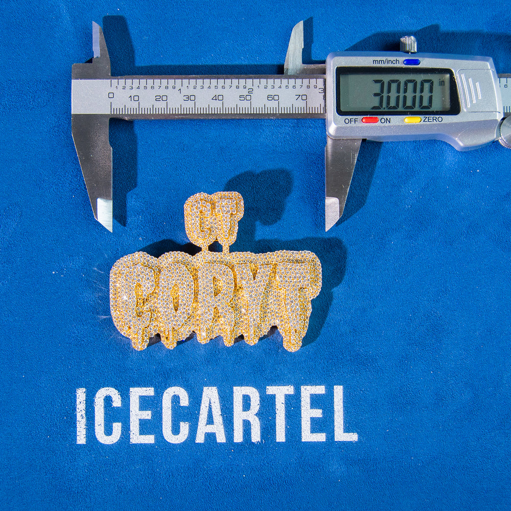 size 3 inches dripping letters custom moissanite pendant 14k yellow gold icecartel