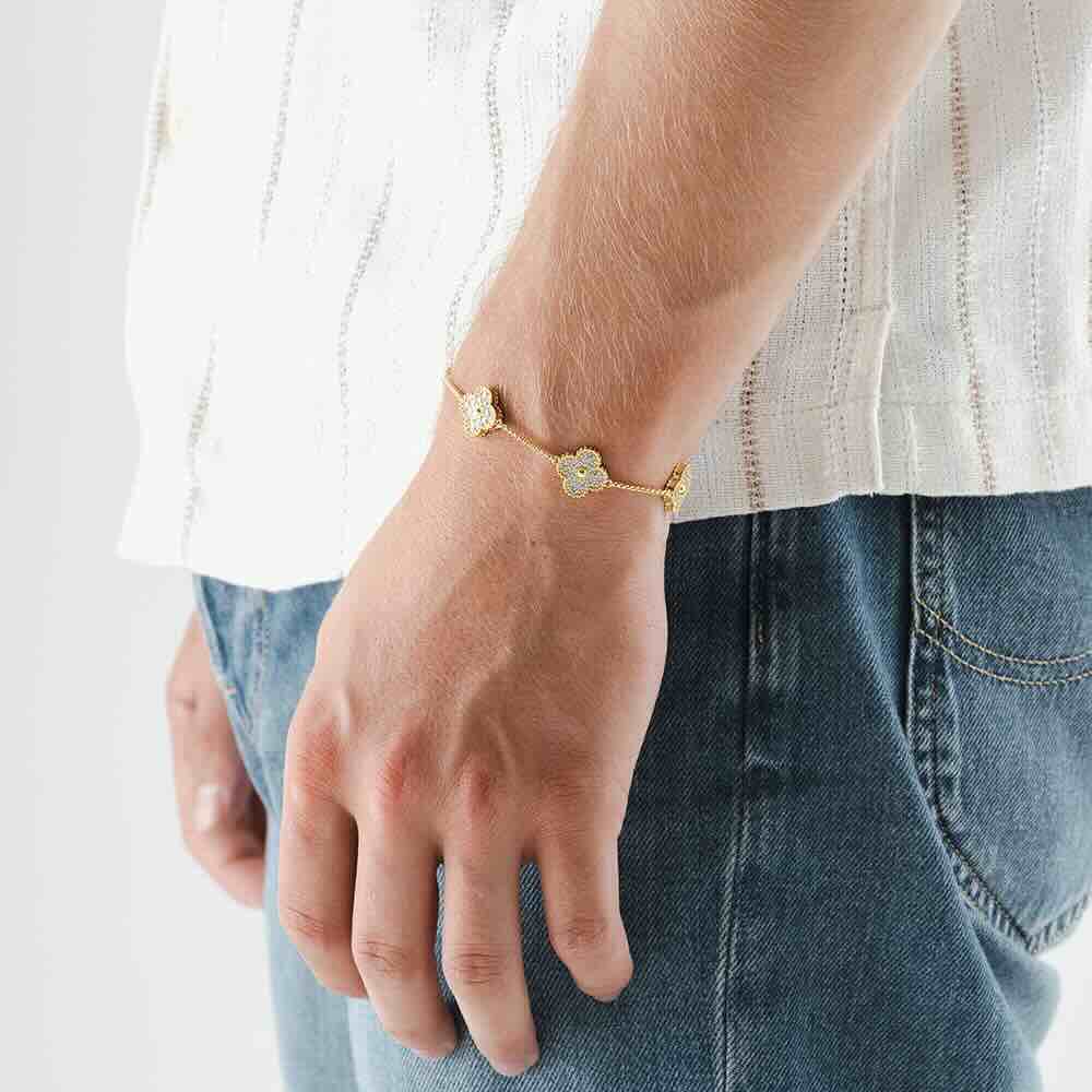 Moissanite Agate Four Leaf Bracelet 14K Gold
