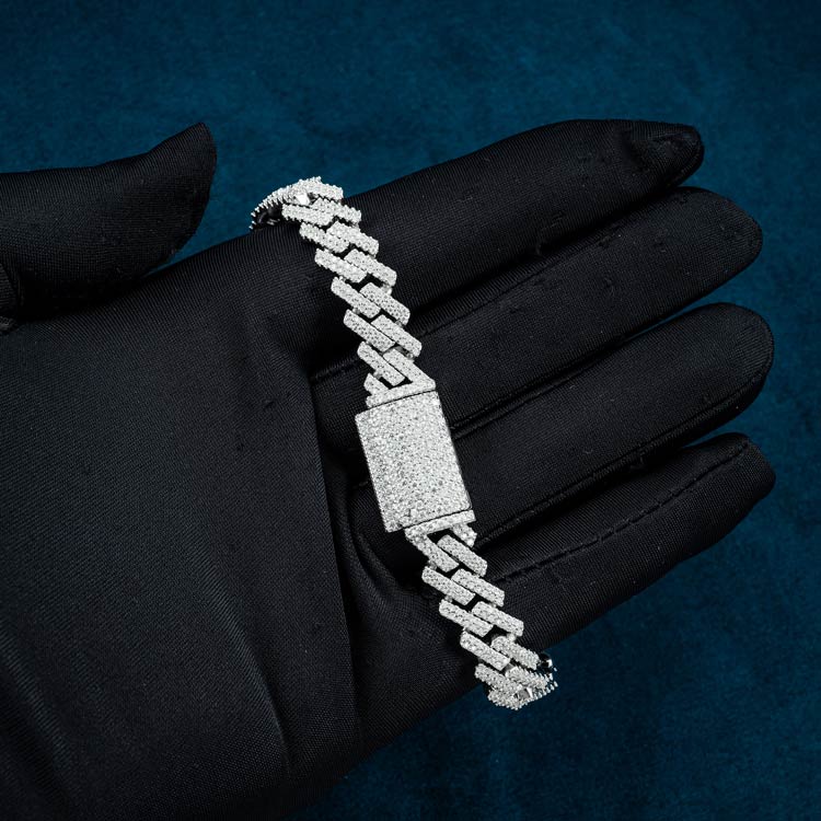 10mm mens moissanite cuban link bracelet 14k white gold vvs diamond hand