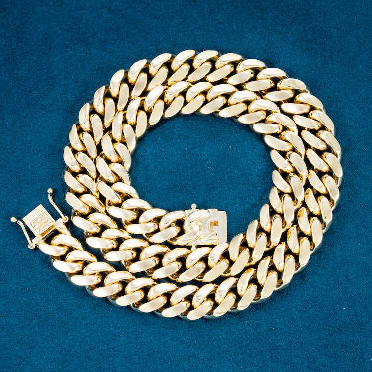 12mm moissanite gold chain necklace lobster clasp front