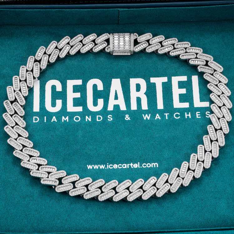 18mm moissanite diamond baguette miami cuban iced out silver chain necklace white gold velvet