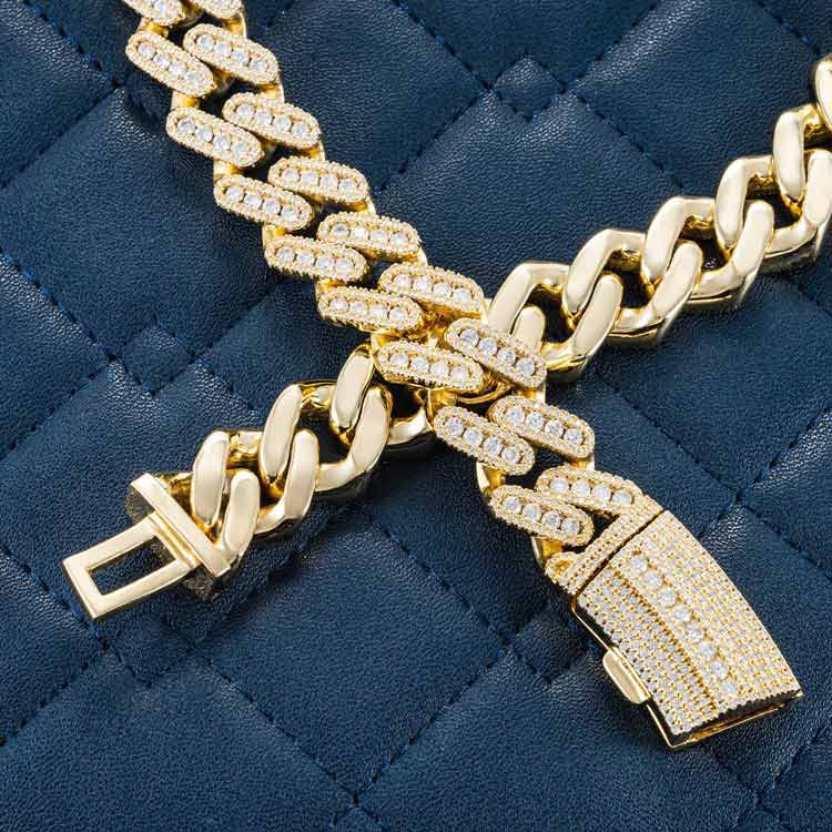 18mm moissanite miami cuban 3 row chain necklace iced out 14k yellow gold crossed