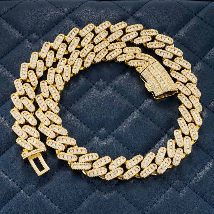 18mm moissanite miami cuban 3 row chain necklace iced out 14k yellow gold full