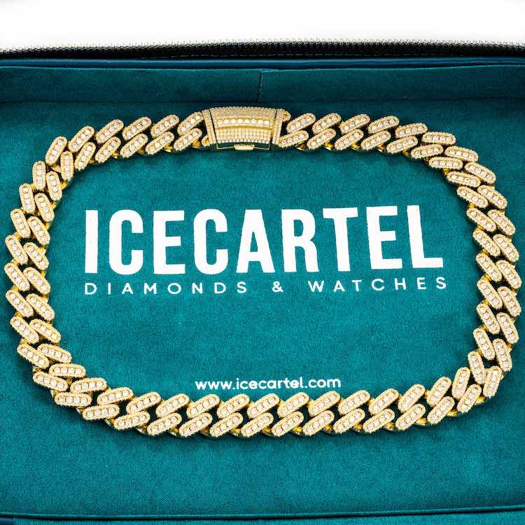 18mm moissanite miami cuban 3 row chain necklace iced out 14k yellow gold velvet