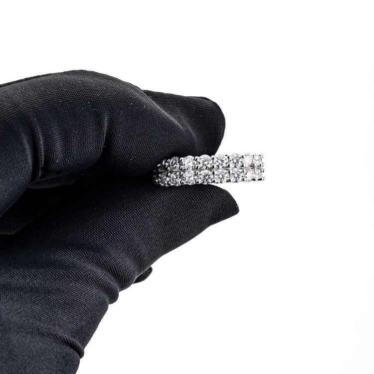2 row moissanite diamond iced out hip hop white gold ring hand