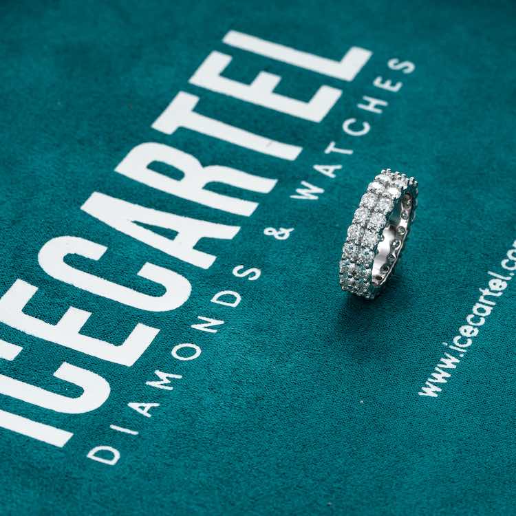 2 row moissanite diamond iced out hip hop white gold ring velvet