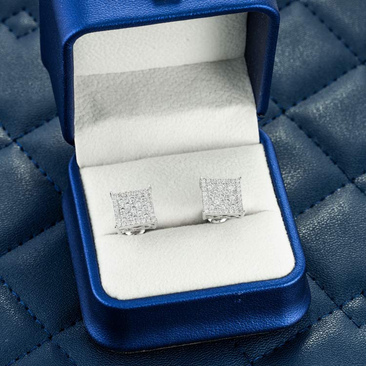 9mm square cluster moissanite earrings 14k white gold iced out box