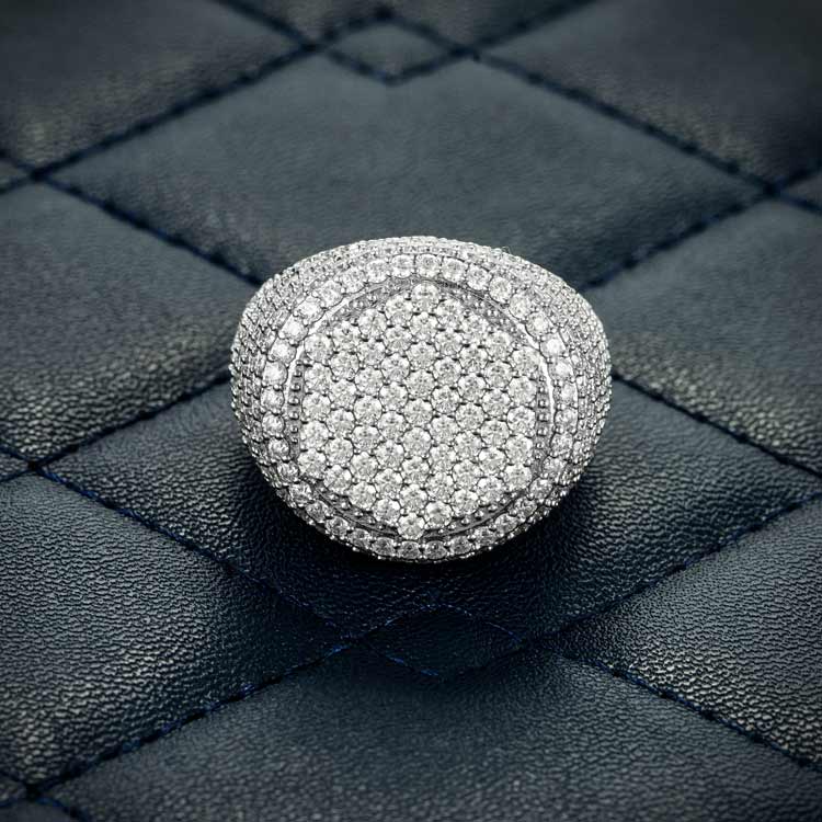 Hexagon moissanite diamonds signet ring iced out white gold front