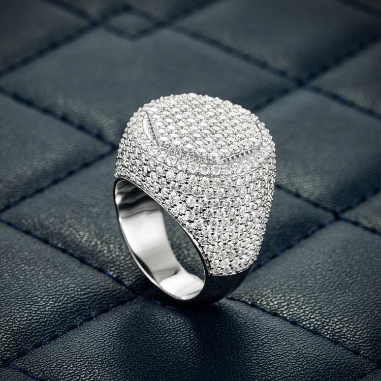 Hexagon moissanite diamonds signet ring iced out white gold side