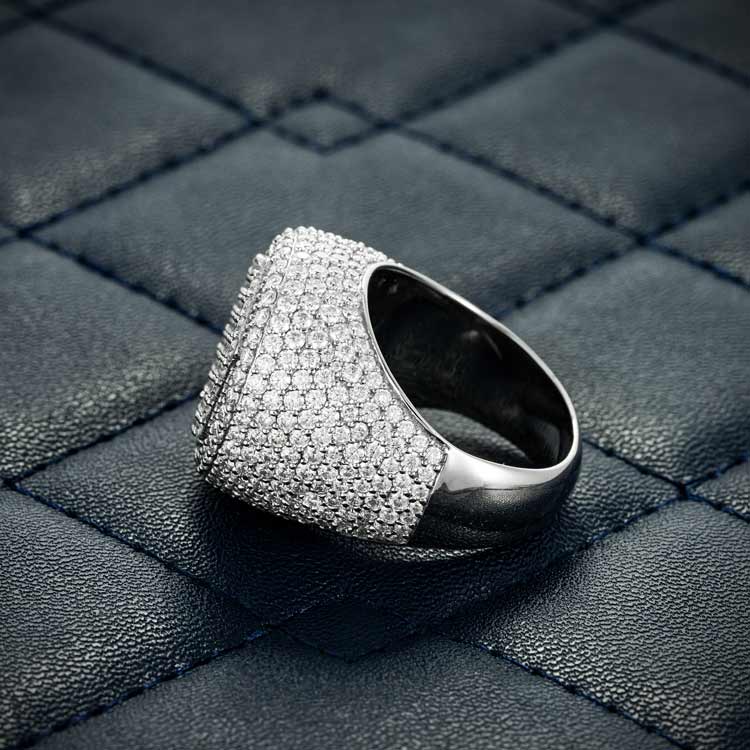 Hexagon moissanite diamonds signet ring iced out white gold sideways