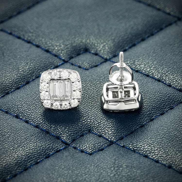 10mm baguette moissanite diamond stud mens earrings screw back white gold 925 silver iced out backside