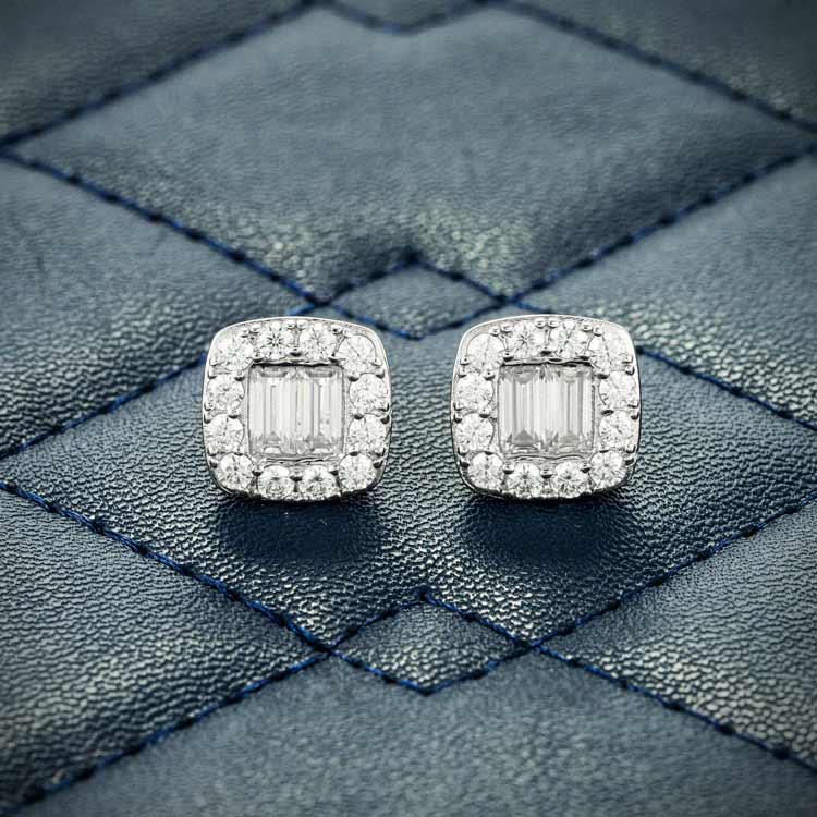 10mm baguette moissanite diamond stud mens earrings screw back white gold 925 silver iced out front