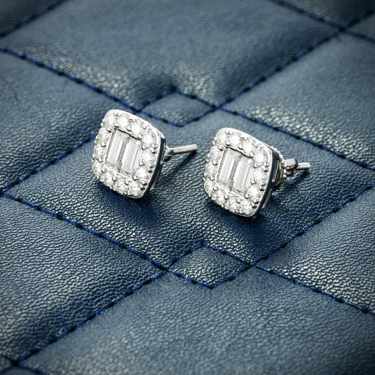 10mm baguette moissanite diamond stud mens earrings screw back white gold 925 silver iced out sideways