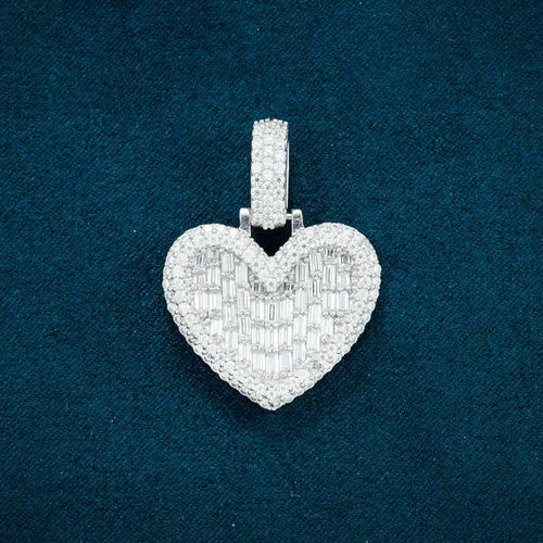 baguette moissanite heart iced out pendant 14k white gold front