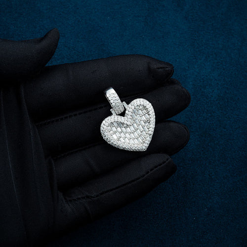 baguette moissanite heart iced out pendant 14k white gold hand