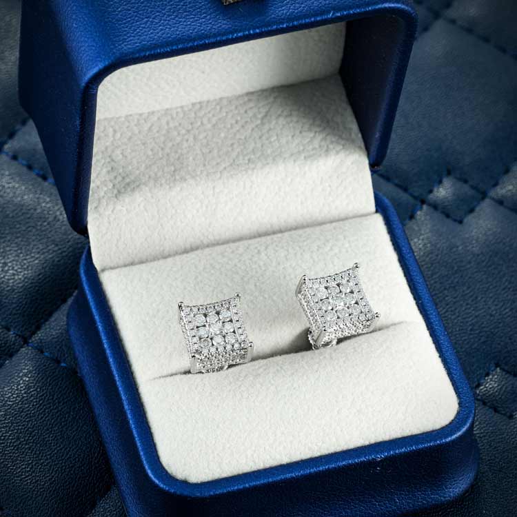 9mm cluster mens moissanite iced out stud earrings white gold box
