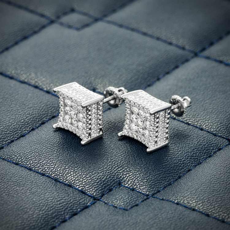 9mm cluster mens moissanite iced out stud earrings white gold sideways
