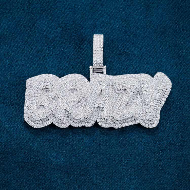 custom moissanite name pendant white gold iced out front