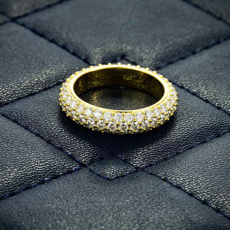 Moissanite 3 row diamond band ring yellow gold down