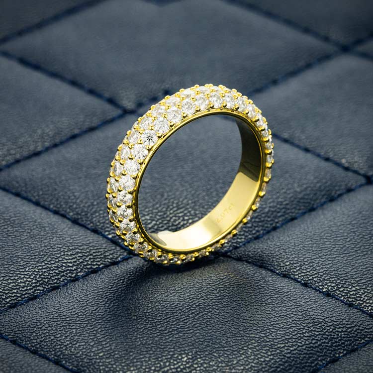 Moissanite 3 row diamond band ring yellow gold side