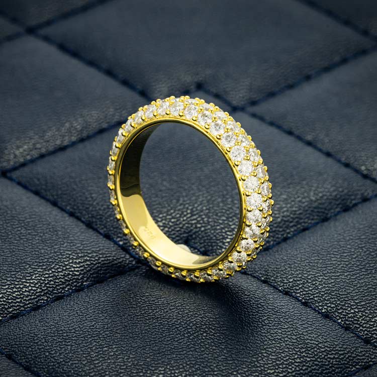 Moissanite 3 row diamond band ring yellow gold sideways
