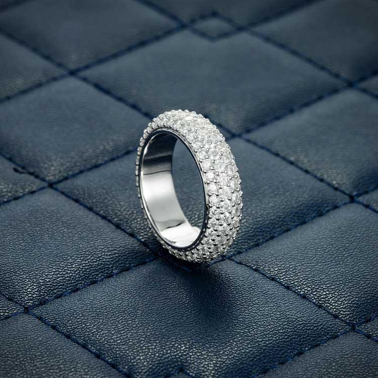 Moissanite 4 row iced out hip hop white gold ring side