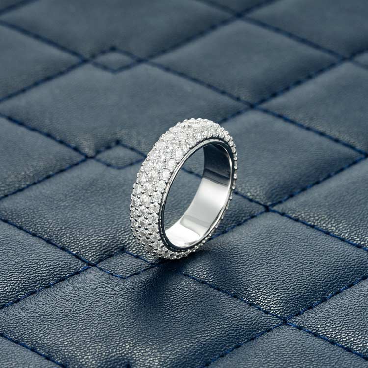 Moissanite 4 row iced out hip hop white gold ring sideways