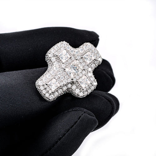 moissanite baguette cross ring iced out diamonds white gold hip hop hand