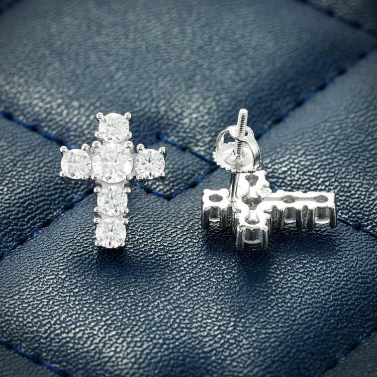 10mm Moissanite cross earrings stud mens white gold 925 silver ice back