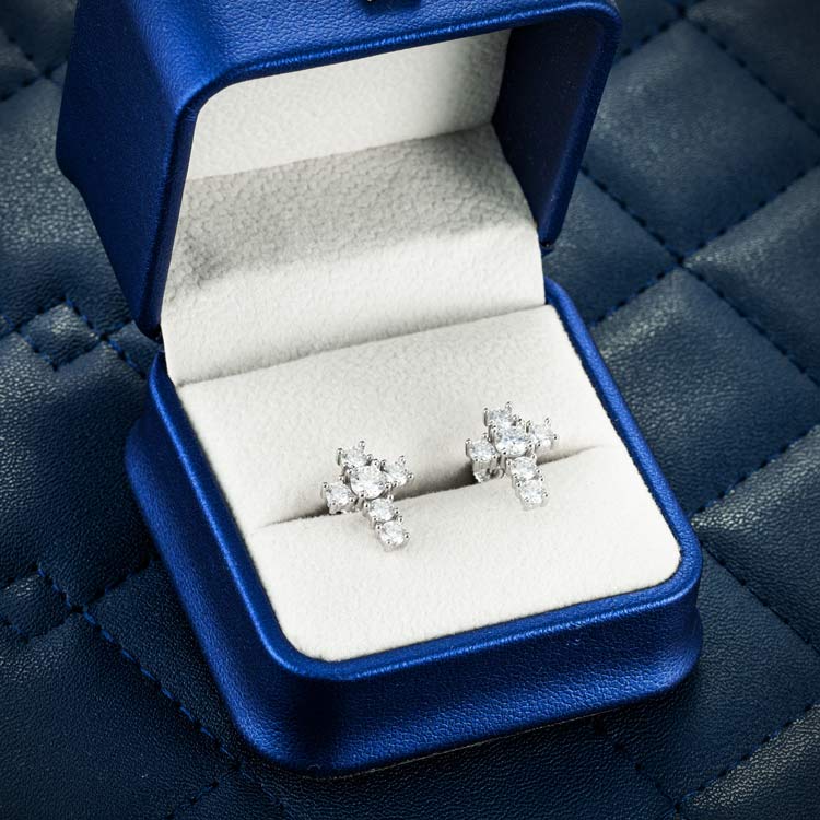 10mm Moissanite cross earrings stud mens white gold 925 silver ice box