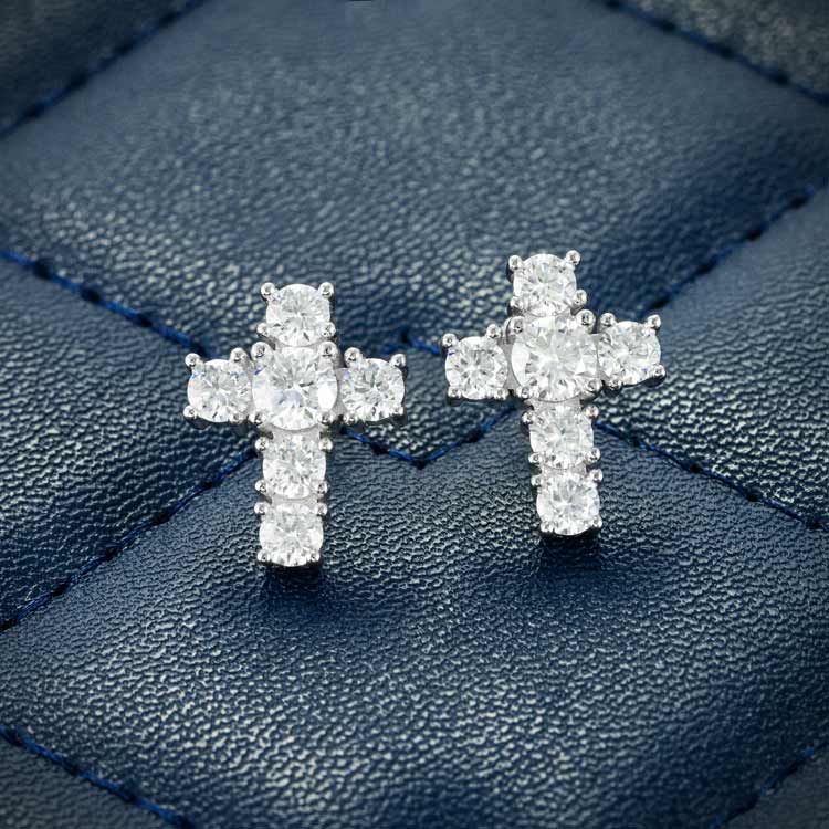 Moissanite cross earrings stud mens white gold 925 silver ice front