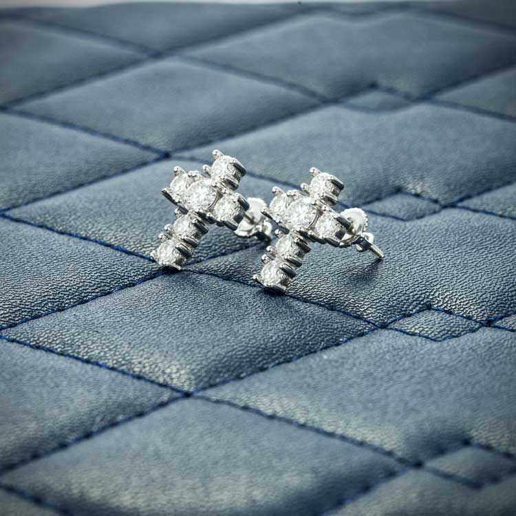 10mm Moissanite cross earrings stud mens white gold 925 silver ice sideways