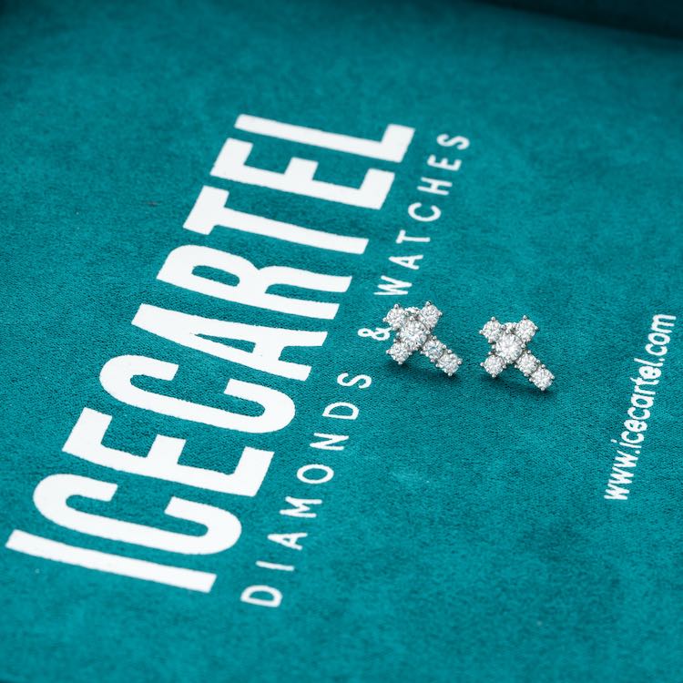 10mm Moissanite cross earrings stud mens white gold 925 silver ice velvet