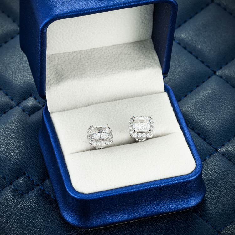 9mm Moissanite Halo Screw Back Earrings box case