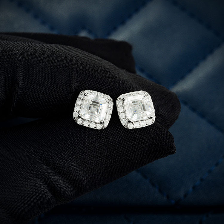Moissanite Halo Screw Back Earrings Holding