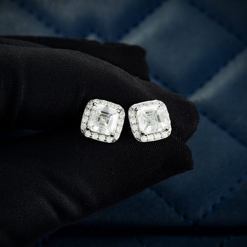 Moissanite Halo Screw Back Earrings Holding