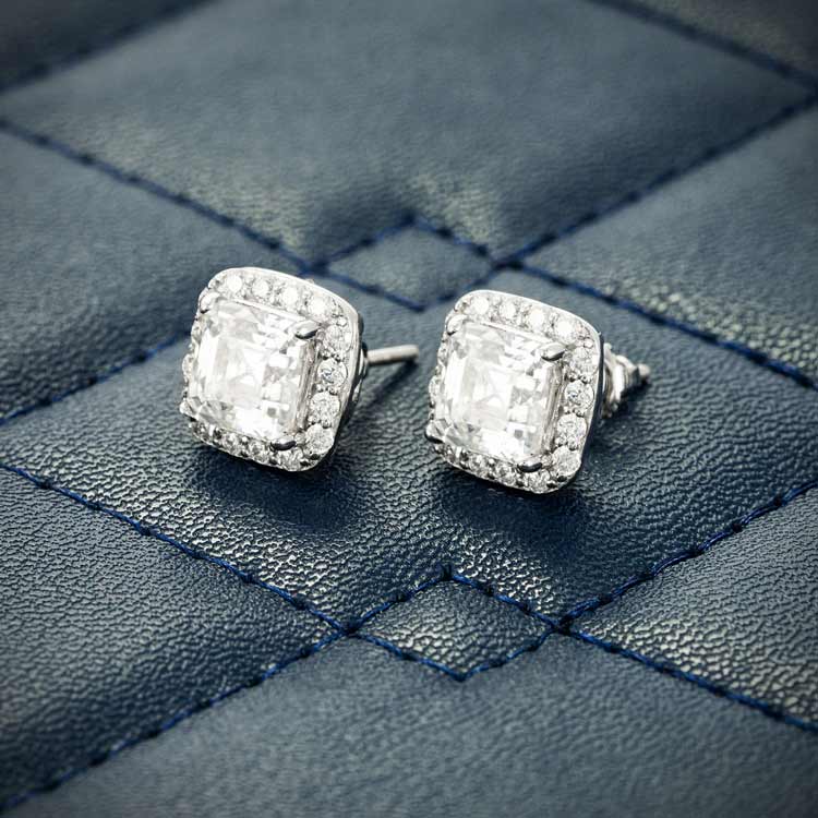 Moissanite Halo Screw Back Earrings Sideways