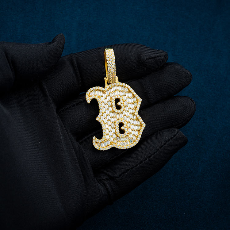 moissanite letter b pendant yellow gold hand