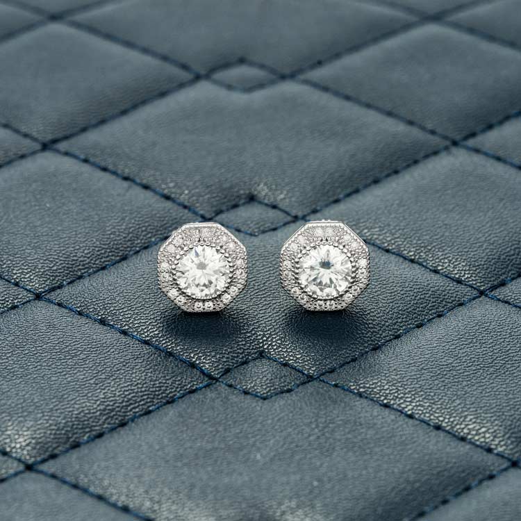 10mm Moissanite Screw Back Stud White Gold Diamond 925 Silver front
