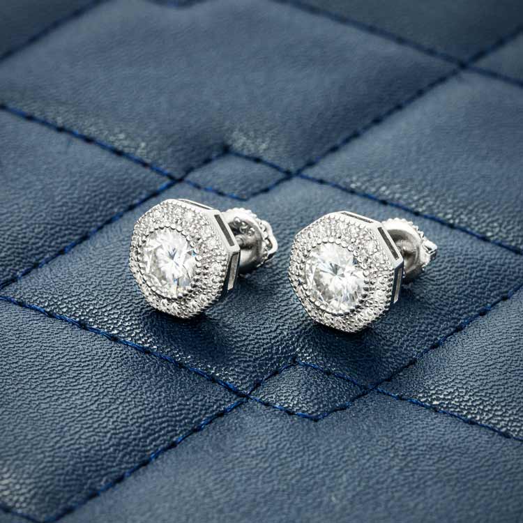 10mm Moissanite Screw Back Stud White Gold Diamond 925 Silver sideways
