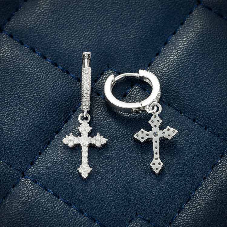 32mm Moissanite stud cross square cluster earrings small white gold backside