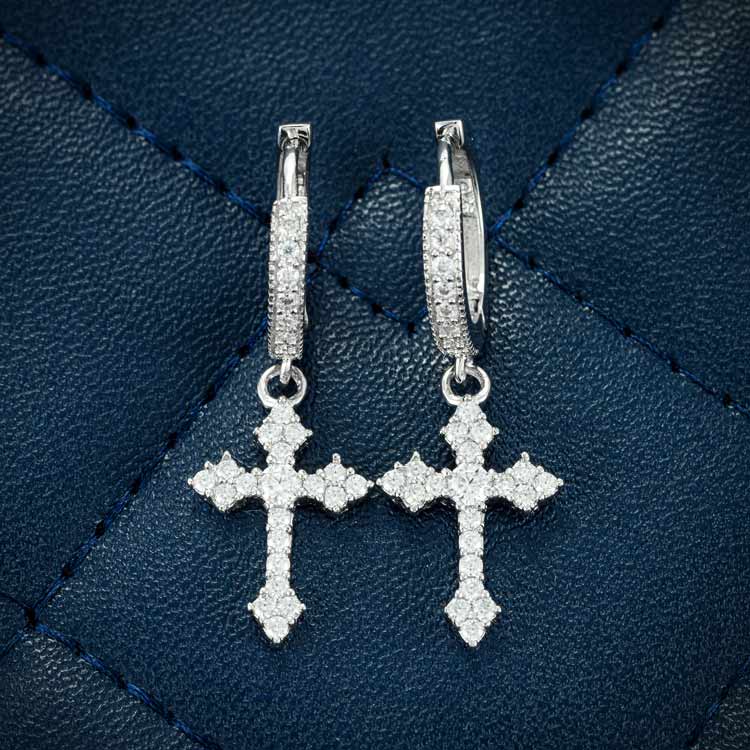 32mm Moissanite stud cross square cluster earrings small white gold  close