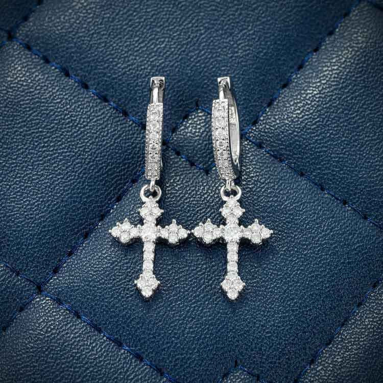 32mm Moissanite stud cross square cluster earrings small white gold front