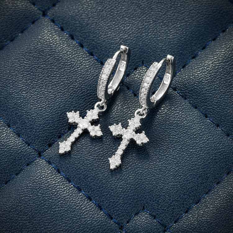 32mm Moissanite stud cross square cluster earrings small white gold sideways