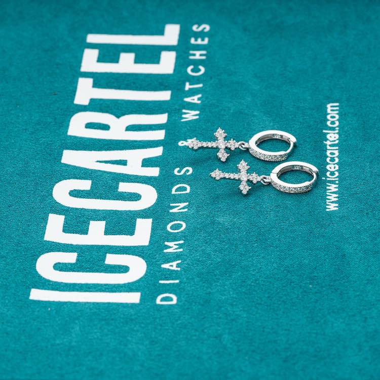 32mm Moissanite stud cross square cluster earrings small white gold velvet