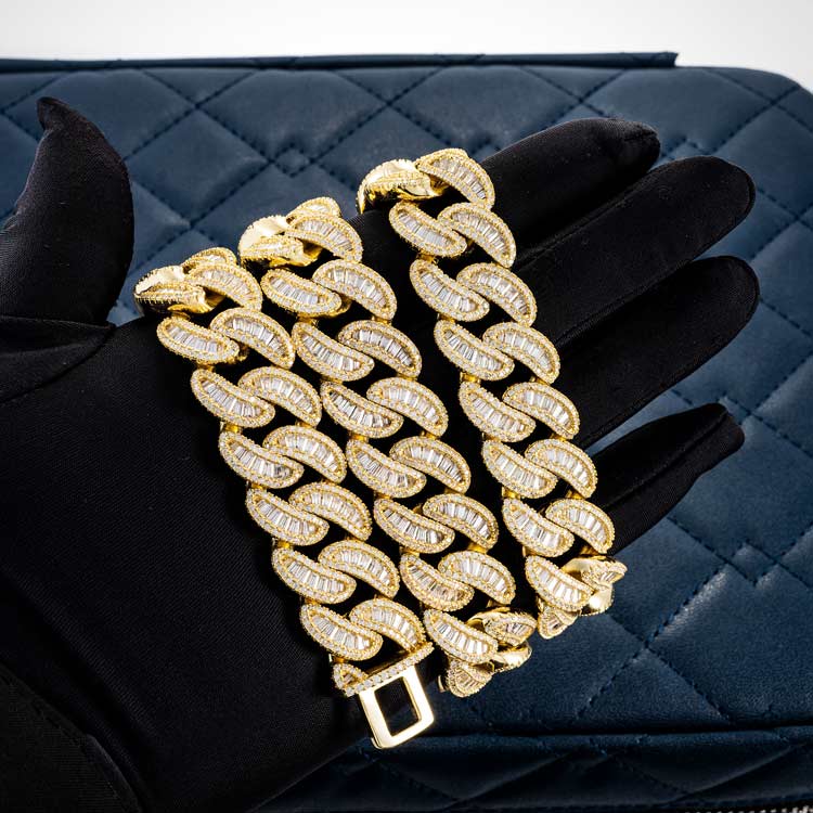 Moissanite yellow gold iced out baguette miami cuban link chain necklace hand